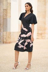 Yumi Black Recycled Fabric Crane Print Kimono Midi Dress