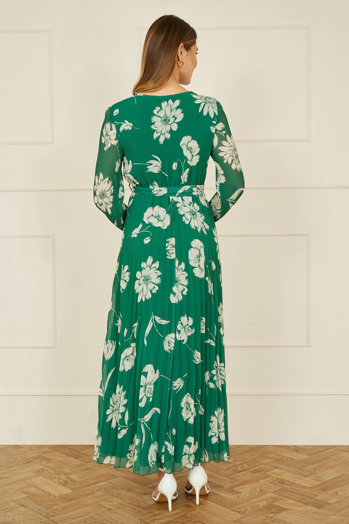 Yumi Green Floral Pleated Midi Wrap Long Sleeve Dress