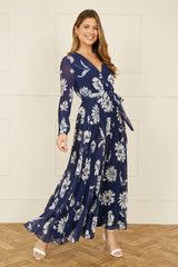 Yumi Navy Floral Pleated Midi Wrap Long Sleeve Dress