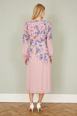 Yumi Pink Floral Placement Button Down Midi Dress With Long Sleeves