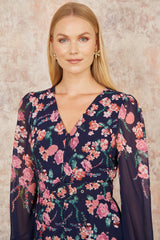Yumi Navy Button Up  Midi Dress With Floral Placement And Long Sleeves