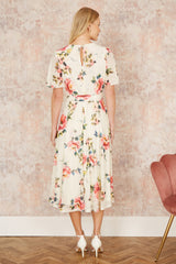 Yumi Ivory Mesh Floral Print Midi Dress With Angel Sleeves