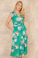 Yumi Green Blossom Print Stretch Mesh Dress With Pockets