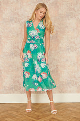 Yumi Green Blossom Print Stretch Mesh Dress With Pockets