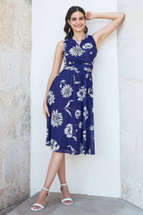 Yumi Navy Floral Print Stretch Mesh Dress With Pockets