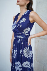Yumi Navy Floral Print Stretch Mesh Dress With Pockets