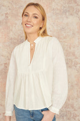 Yumi White Pleated Cotton Bib Shirt