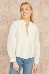 Yumi White Pleated Cotton Bib Shirt