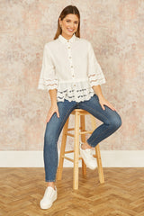 Yumi White Linen Relaxed Shirt With Scallop Trims