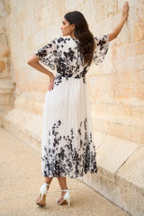 Yumi White Mirror Floral Design Pleated Midi Dress