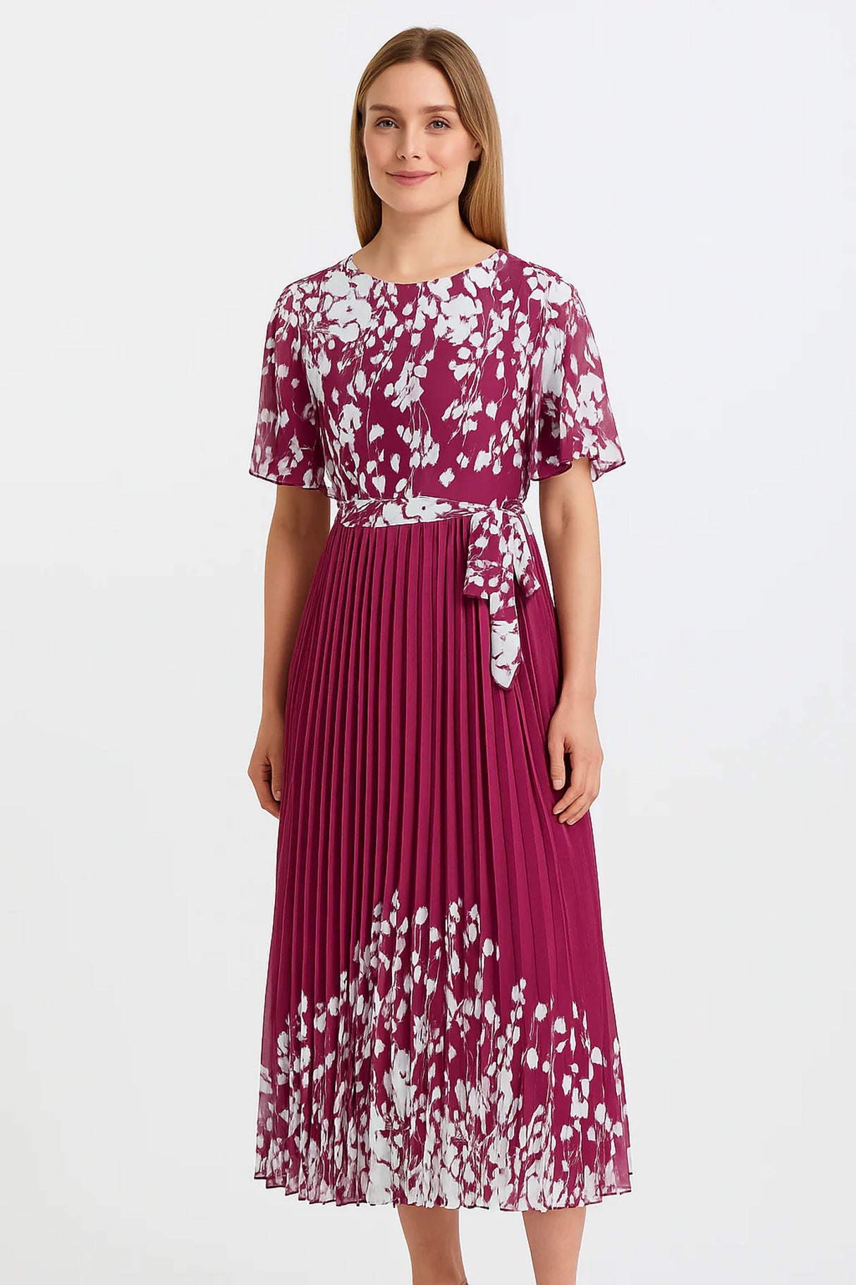 Yumi Burgundy Mirror Floral Design Pleated Midi Dress
