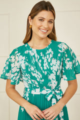 Yumi Green Mirror Floral Design Pleated Midi Dress