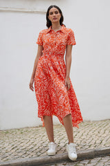 Yumi Coral Tropical Leaf print Midi Ruched Shirt Dress