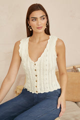 Yumi Beige V Neck Button Down Crochet Knitted Top