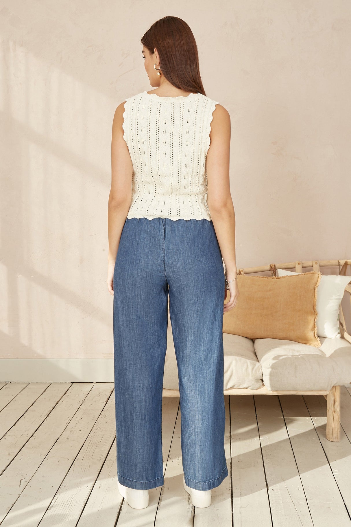 Yumi Beige V Neck Button Down Crochet Knitted Top