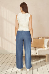 Yumi Beige V Neck Button Down Crochet Knitted Top