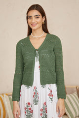 Yumi Green Crochet Tie Front Cardigan