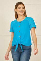 Yumi Blue Jersey Button Detail T-Shirt With Broderie Anglaise Sleeves And Tie Front