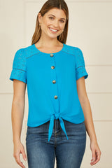Yumi Blue Jersey Button Detail T-Shirt With Broderie Anglaise Sleeves And Tie Front