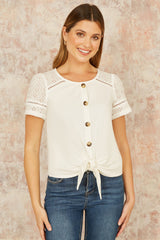 Yumi White Jersey Button Detail T-Shirt With Broderie Anglaise Sleeves And Tie Front