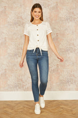 Yumi White Jersey Button Detail T-Shirt With Broderie Anglaise Sleeves And Tie Front