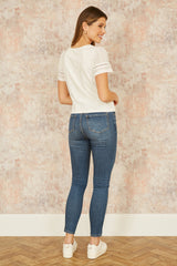 Yumi White Jersey Button Detail T-Shirt With Broderie Anglaise Sleeves And Tie Front