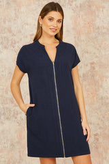 Yumi Navy Viscose Zip Tunic Dress