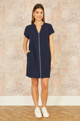 Yumi Navy Viscose Zip Tunic Dress