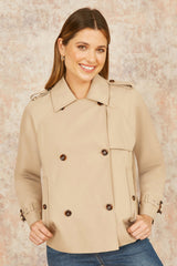 Yumi Beige Cropped Trench Jacket With Pockets and Check Lining