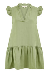 Yumi Green Double Cotton Tunic With Frill Sleeves
