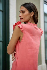 Yumi Coral Double Cotton Tunic With Frill Sleeves