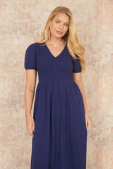 Yumi Navy Double Cotton Ruched Midi Dress