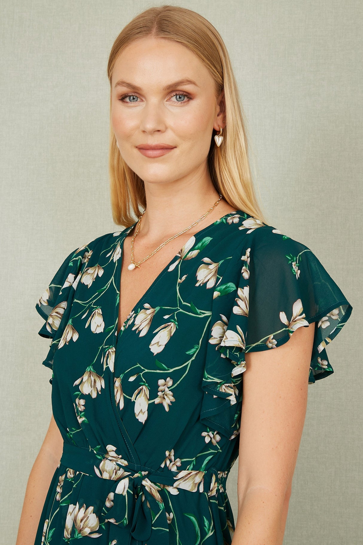 Yumi Green Floral Wrap Midi Dress With Frill Hem
