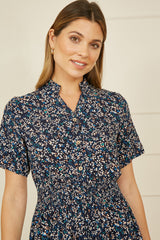 Yumi Navy Ditsy Print Ruched Waist Button Down Midi Dress
