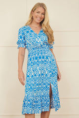 Yumi Blue Geo Print Puff Sleeve Midi Split Hemline