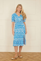 Yumi Blue Geo Print Puff Sleeve Midi Split Hemline