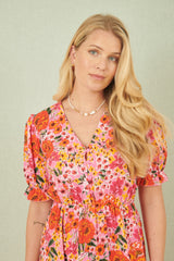 Yumi Pink Floral Midi Dress With Frill Hem and Puff Sleeves