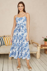 Yumi Blue Floral Strappy Midi Dress With Front Tie