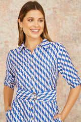 Yumi Blue Geo Swirl Print Midi Shirt Dress