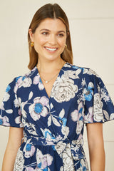 Yumi Navy Floral Midi Wrap Dress