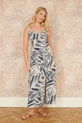 Yumi Navy Leaf Print Maxi Dress With Cross Back