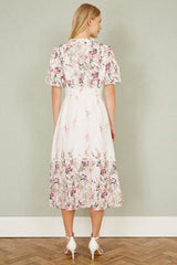 Yumi White Mirrored Floral Button Up Midi Dress With Ruched Waist