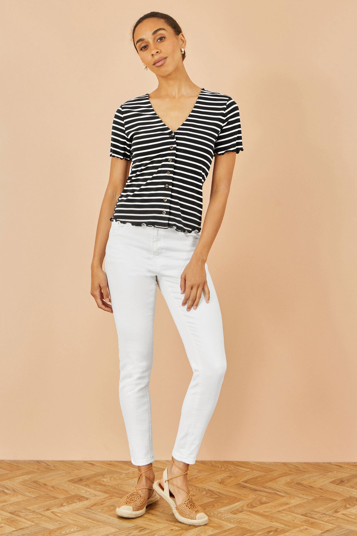 Yumi Black Striped Cotton Jersey Lettuce Trim T-Shirt