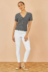 Yumi Black Striped Cotton Jersey Lettuce Trim T-Shirt