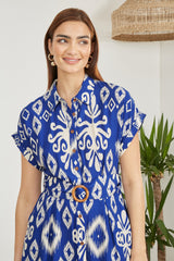 Yumi Blue Abstract Geo Print Relaxed Midi Shirt Dress With Belt