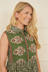 Yumi Green Cotton Paisley Midi Sleeveless Shirt Dress