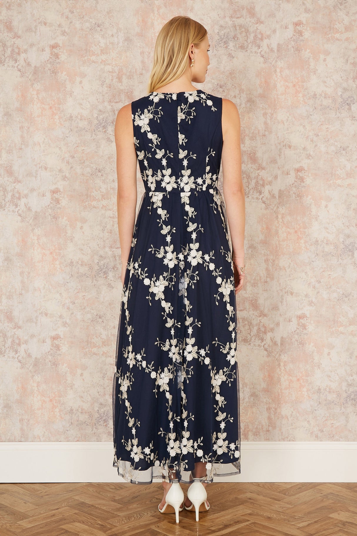 Yumi Navy Mesh Embroidered Maxi Dress
