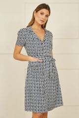 Yumi Navy Geo Print Retro Style Shirt Dress