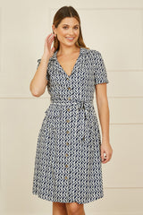 Yumi Navy Geo Print Retro Style Shirt Dress