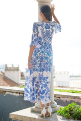 Yumi Blue Paisley Wrap Maxi Dress With 3/4 Sleeve